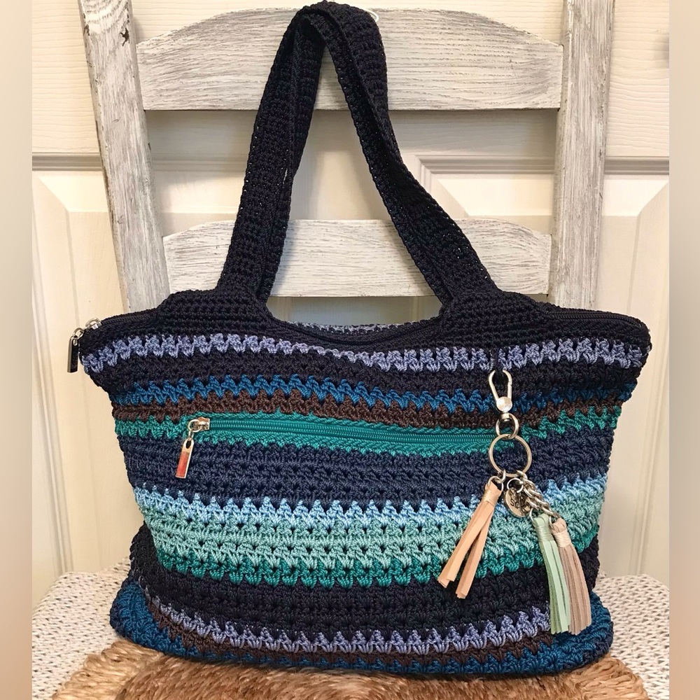 The Sak Crochet Stripe Zip Top Handbag Blue Teal Tassels NWOT